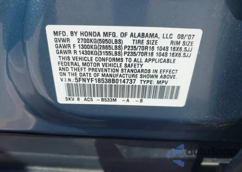 2008 Honda Pilot Ex-L z USA, uszkodzony, nr VIN 5FNYF18538B014737